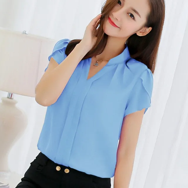 2019 Summer Women Blouse Short Sleeve Red Ladies Office Shirt