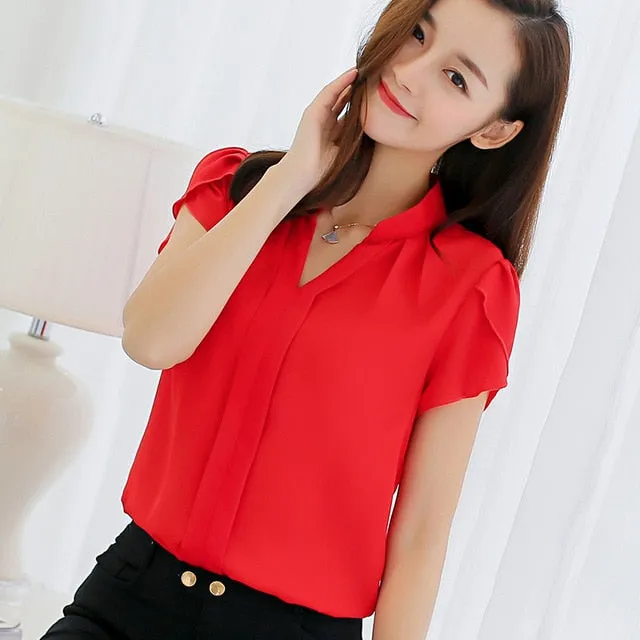 2019 Summer Women Blouse Short Sleeve Red Ladies Office Shirt