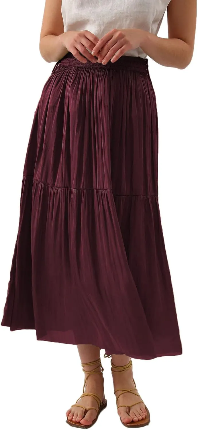 Amazhiyu Womens Pleated A Line High Waist Midi Skirt with Drawstring Elastic Waistband