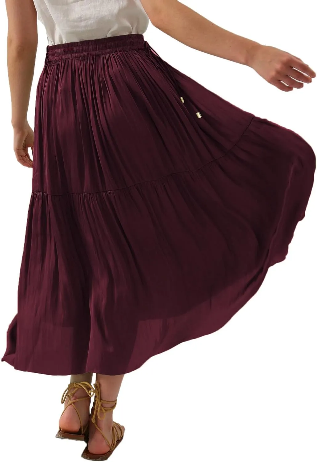 Amazhiyu Womens Pleated A Line High Waist Midi Skirt with Drawstring Elastic Waistband