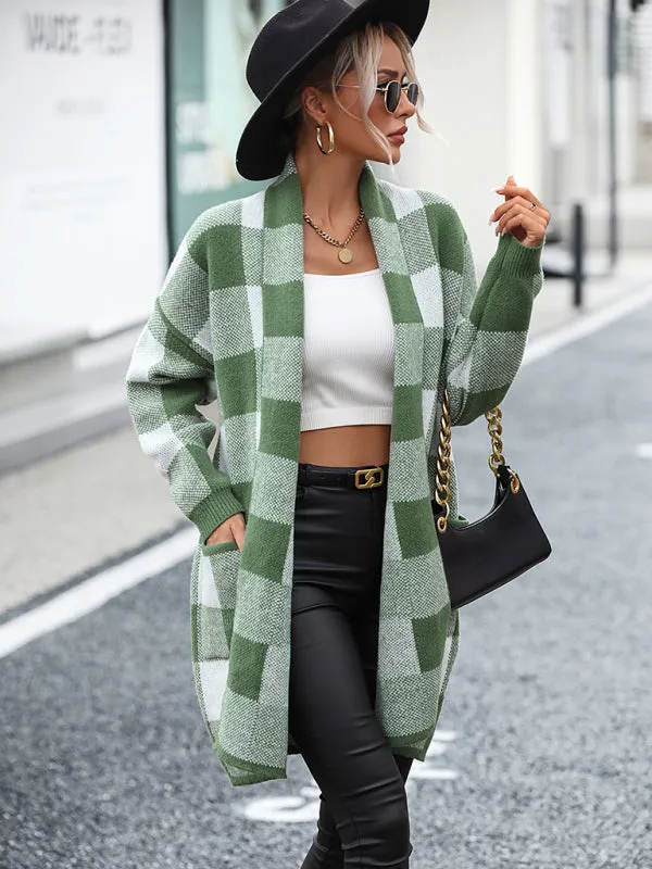 Angelique Women's Coat Loose Plaid Color Block Knit Cardigan Fashion Sweater