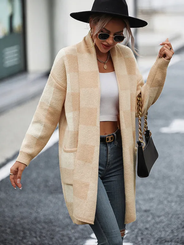 Angelique Women's Coat Loose Plaid Color Block Knit Cardigan Fashion Sweater