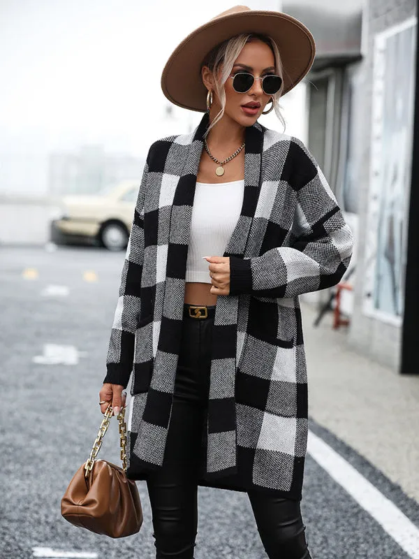 Angelique Women's Coat Loose Plaid Color Block Knit Cardigan Fashion Sweater
