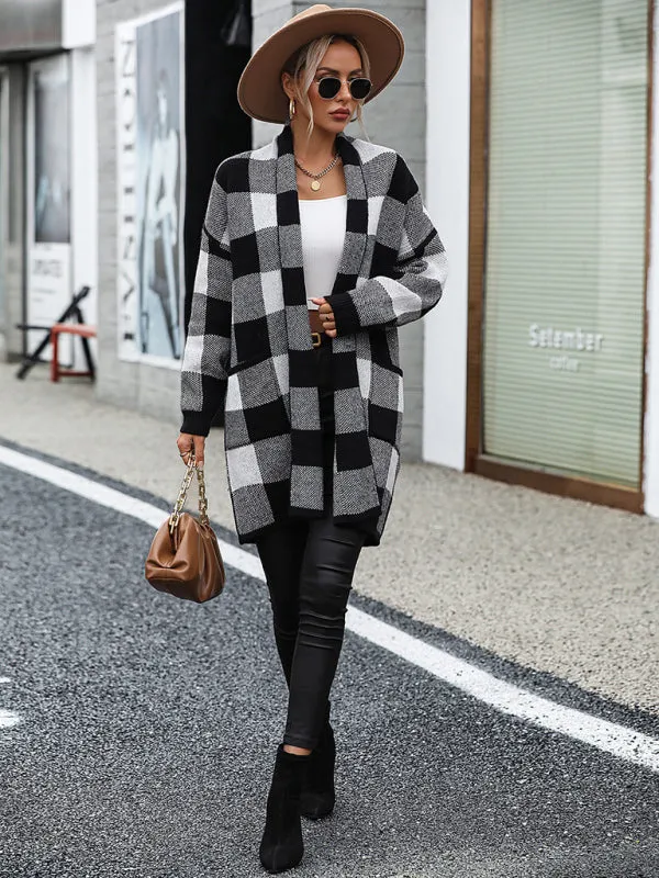 Angelique Women's Coat Loose Plaid Color Block Knit Cardigan Fashion Sweater