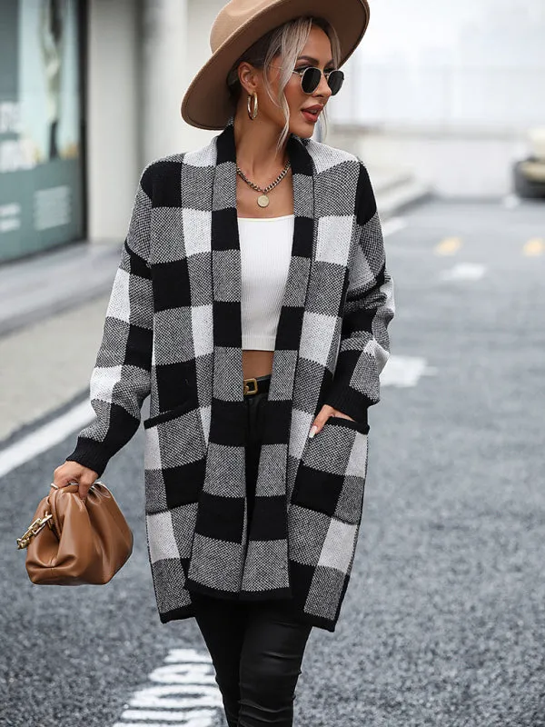 Angelique Women's Coat Loose Plaid Color Block Knit Cardigan Fashion Sweater