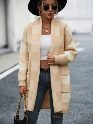 Angelique Women's Coat Loose Plaid Color Block Knit Cardigan Fashion Sweater