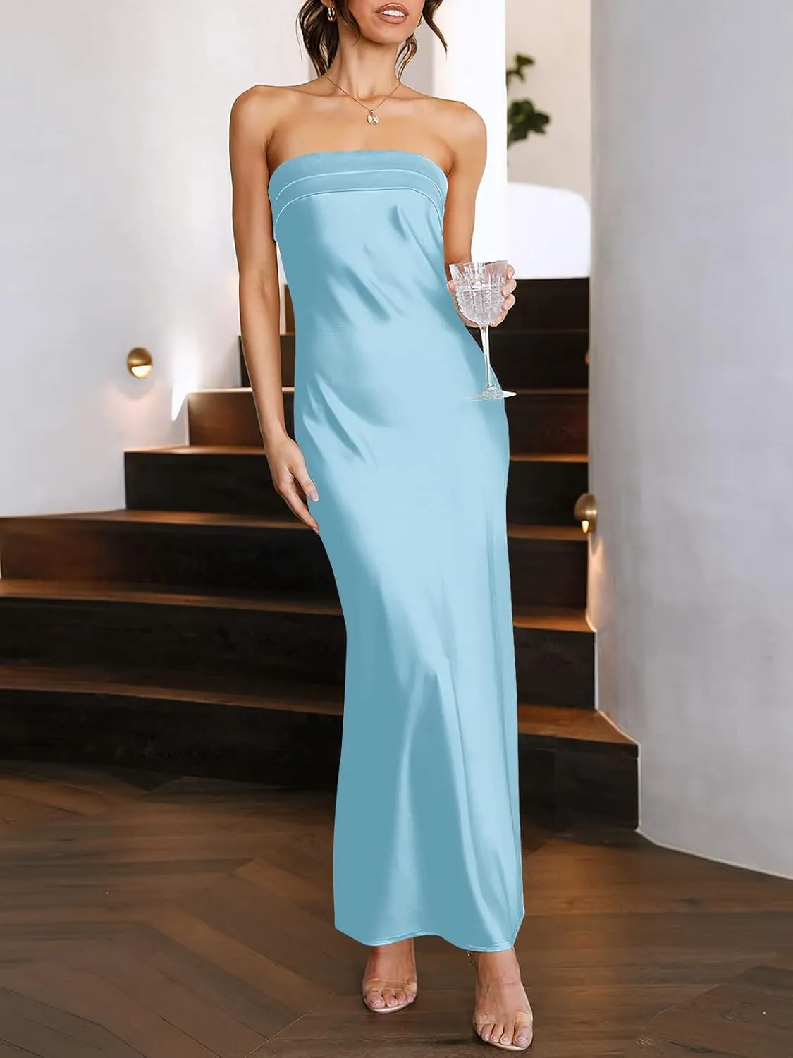 ANRABESS Women Summer Wedding Guest Maxi Dress Strapless Satin Tube Bodycon Backless Cocktail Formal Dresses 2025 Spring