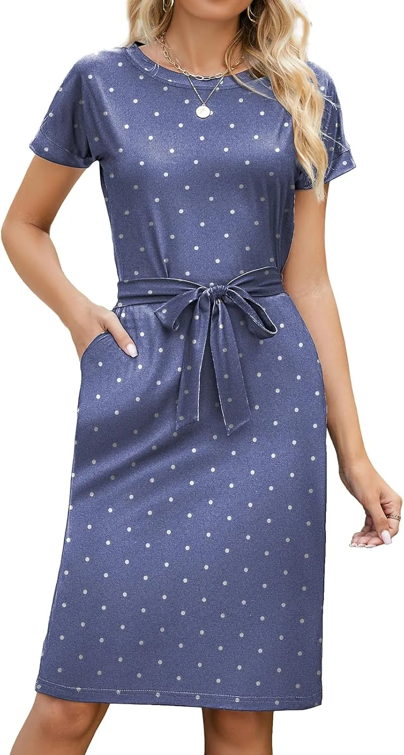 Arolina Womens Summer Short Sleeve Striped T Shirt Dress Casual Midi Dresses Crewneck Tie Waist with Pockets