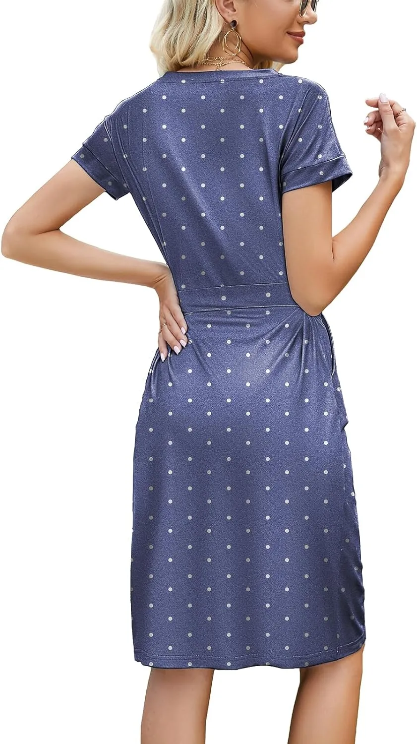 Arolina Womens Summer Short Sleeve Striped T Shirt Dress Casual Midi Dresses Crewneck Tie Waist with Pockets