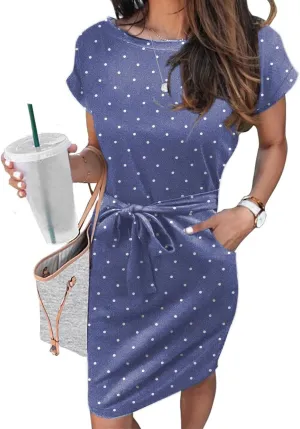 Arolina Womens Summer Short Sleeve Striped T Shirt Dress Casual Midi Dresses Crewneck Tie Waist with Pockets