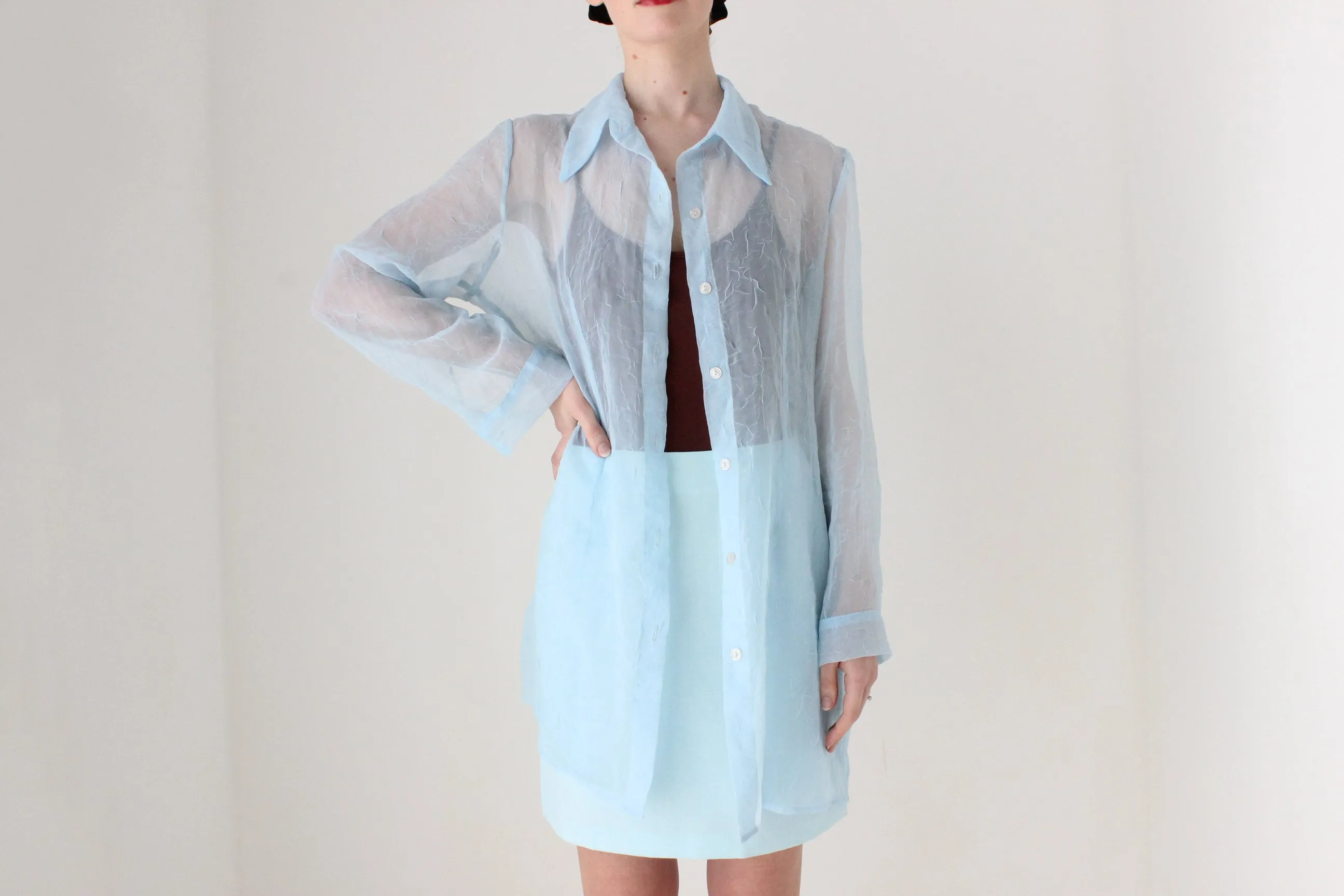 BALLETCORE 90s Sheer Chiffon Oversized Shirt Dress