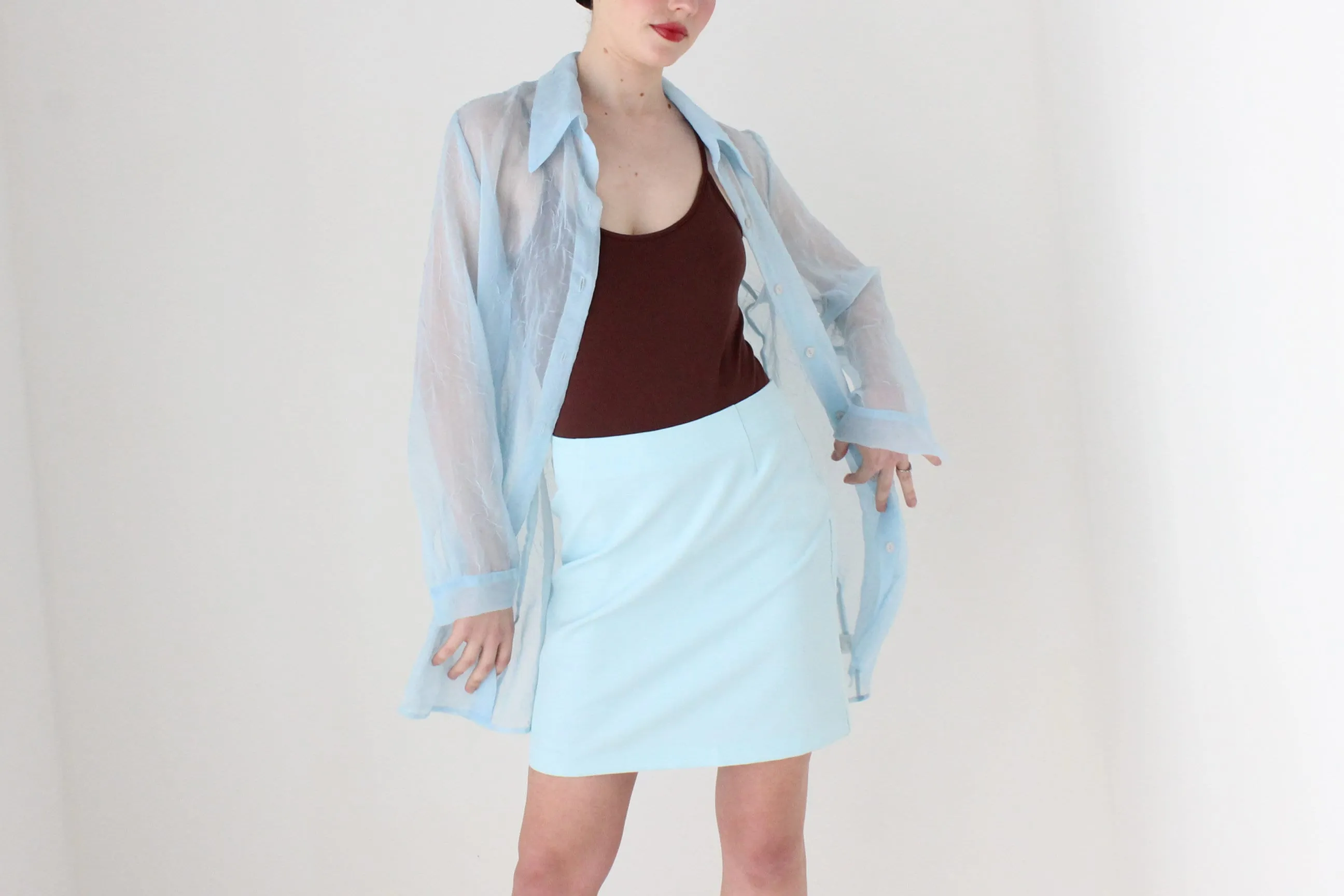BALLETCORE 90s Sheer Chiffon Oversized Shirt Dress