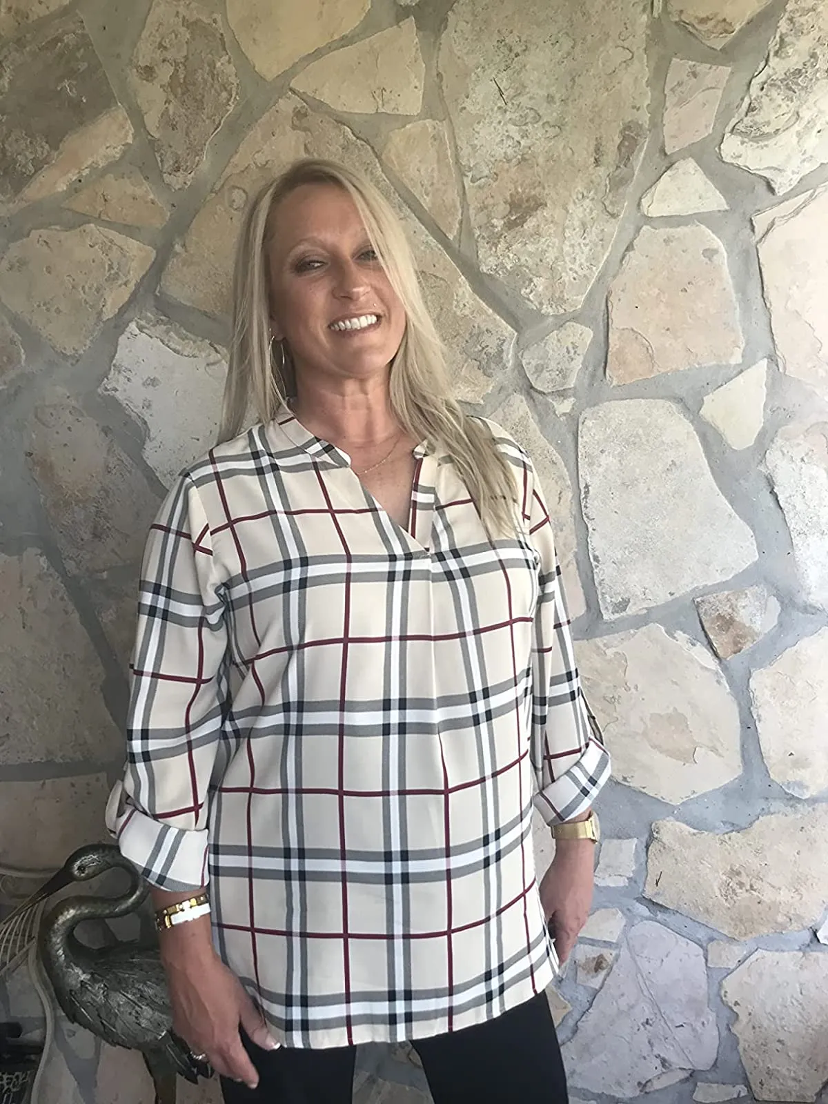 Blue Gray Women's Casual Chiffon V Neck 3/4 Sleeve Blouse Tops - Timeson