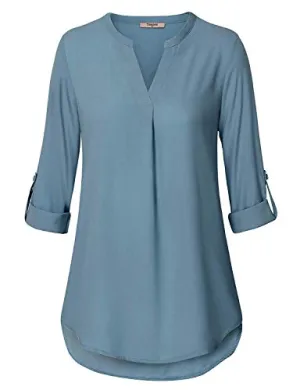 Blue Gray Women's Casual Chiffon V Neck 3/4 Sleeve Blouse Tops - Timeson