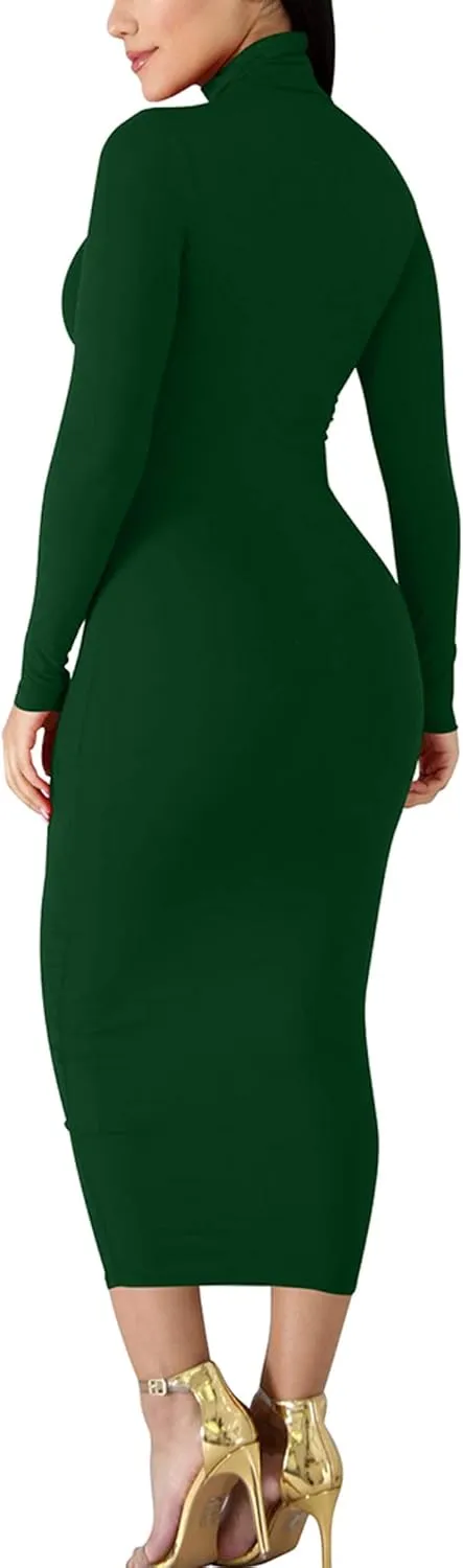 BORIFLORS Women's Sexy Basic Long Sleeve Turtleneck Bodycon Party Long Pencil Dress