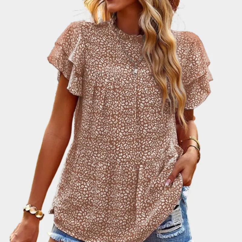 Brown Floral Blouse with Ruffle Short Sleeve