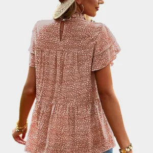 Brown Floral Blouse with Ruffle Short Sleeve