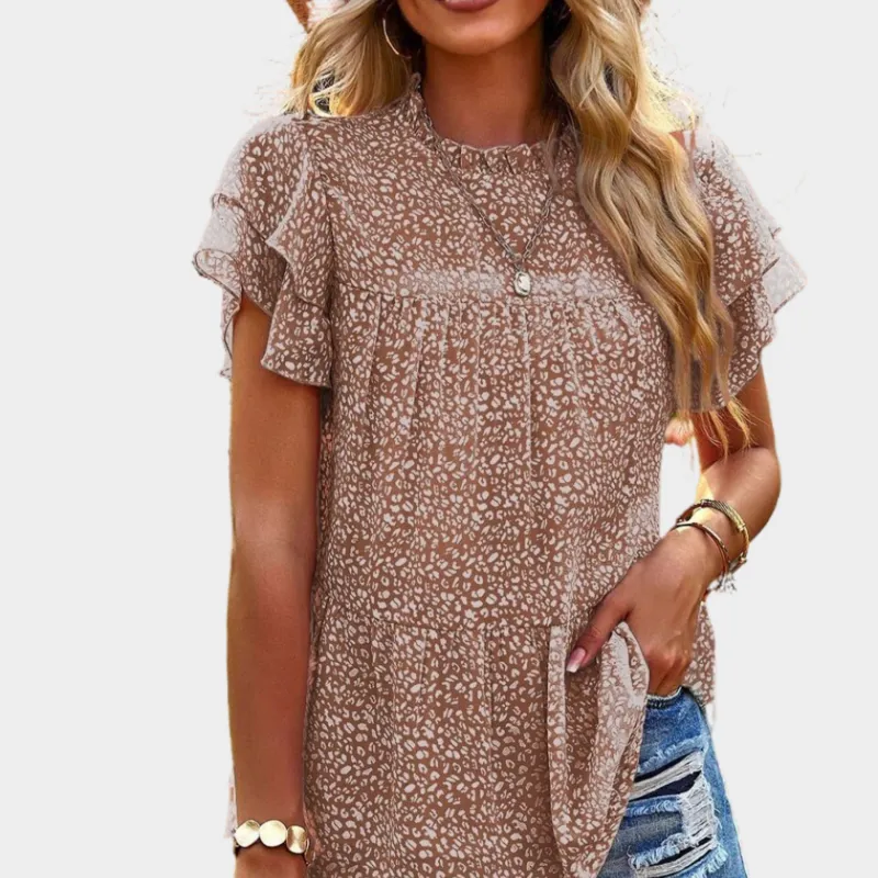 Brown Floral Blouse with Ruffle Short Sleeve