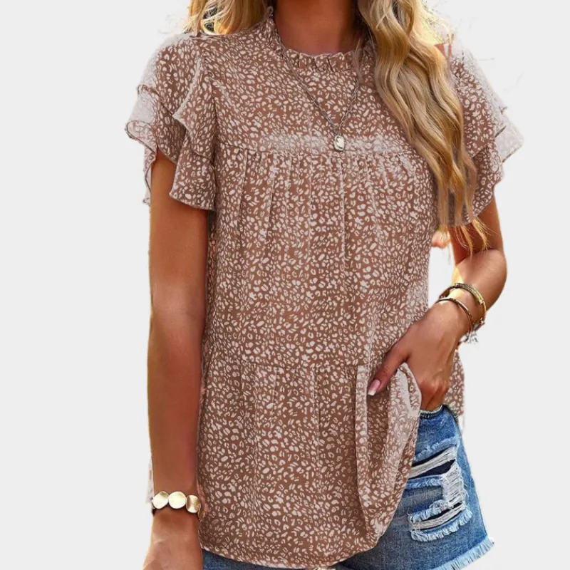 Brown Floral Blouse with Ruffle Short Sleeve