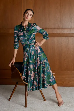 BRUNA floral printed green midi shirt dress