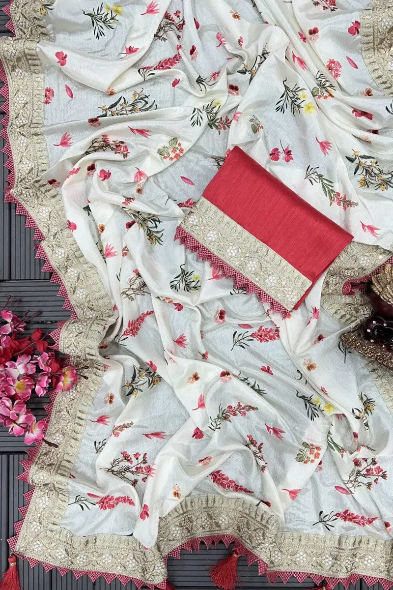 Buy Off White Pure Chiffon Floral Print Sarees