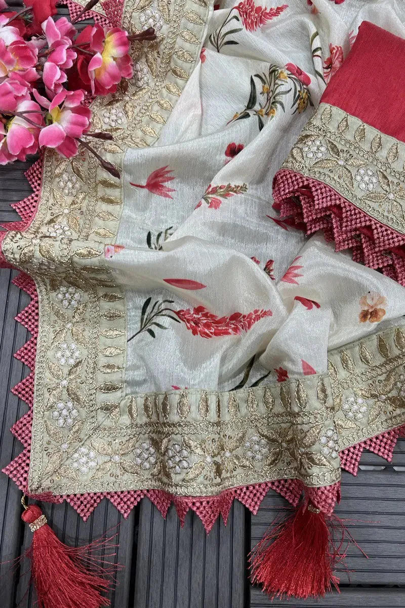 Buy Off White Pure Chiffon Floral Print Sarees