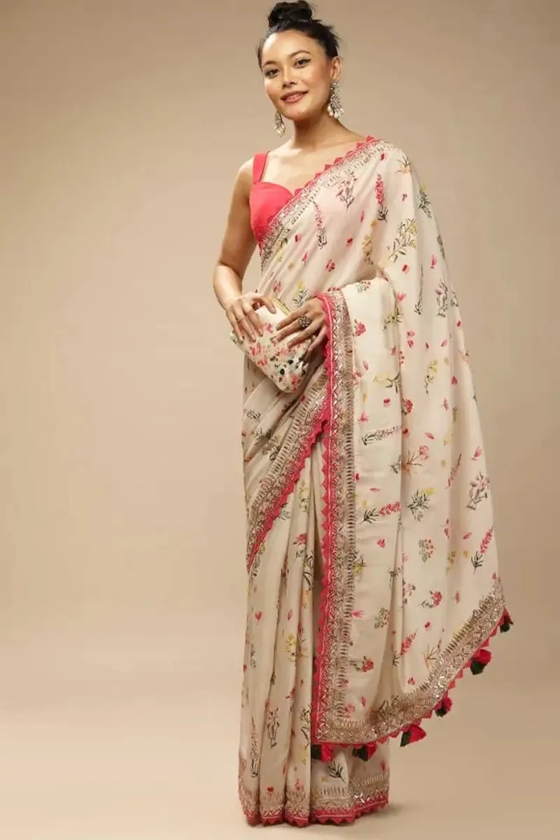 Buy Off White Pure Chiffon Floral Print Sarees