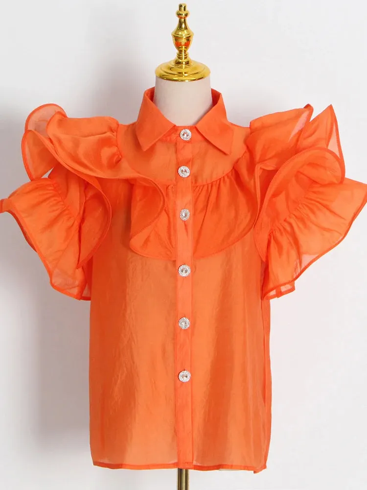 Casual Patchwork Ruffles Fashion Woman Blouses Lapel Collar Short Sleeve Diamonds Button Through Shirts Female Clothing