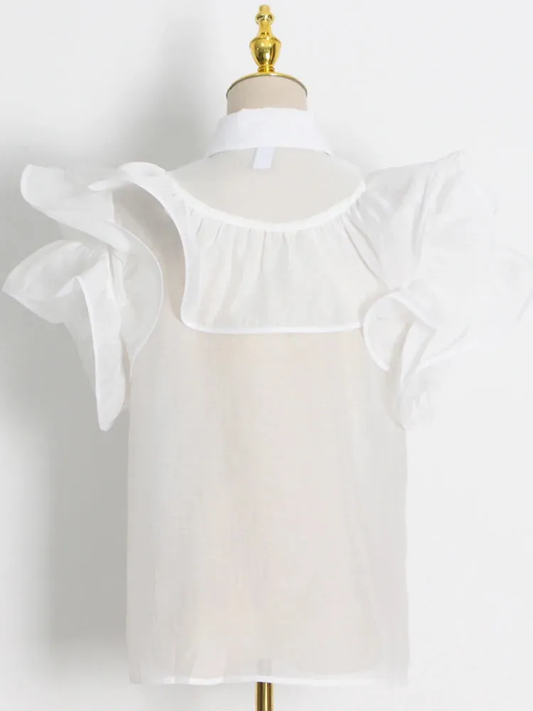 Casual Patchwork Ruffles Fashion Woman Blouses Lapel Collar Short Sleeve Diamonds Button Through Shirts Female Clothing