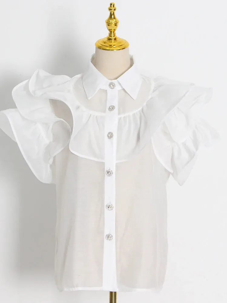 Casual Patchwork Ruffles Fashion Woman Blouses Lapel Collar Short Sleeve Diamonds Button Through Shirts Female Clothing