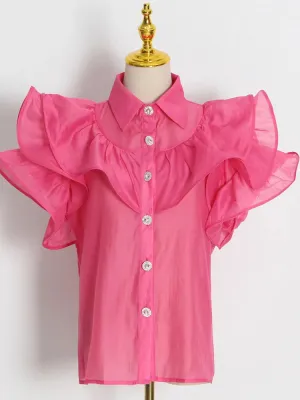 Casual Patchwork Ruffles Fashion Woman Blouses Lapel Collar Short Sleeve Diamonds Button Through Shirts Female Clothing