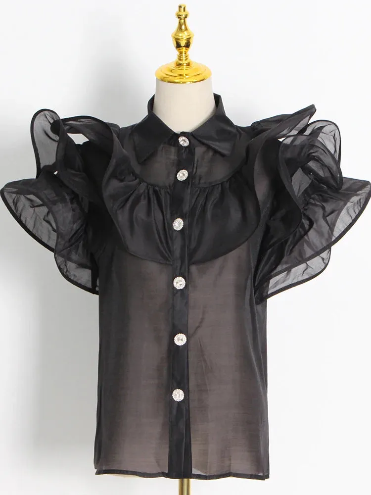 Casual Patchwork Ruffles Fashion Woman Blouses Lapel Collar Short Sleeve Diamonds Button Through Shirts Female Clothing
