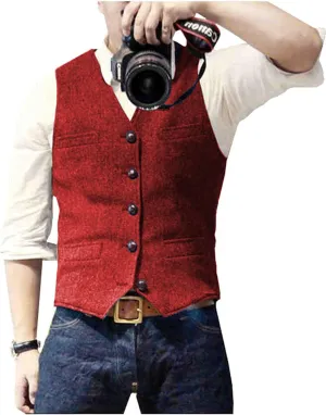 Ceehuteey Mens Suit Vest Waistcoat Tweed Retro V Neck Wool Herringbone for Prom