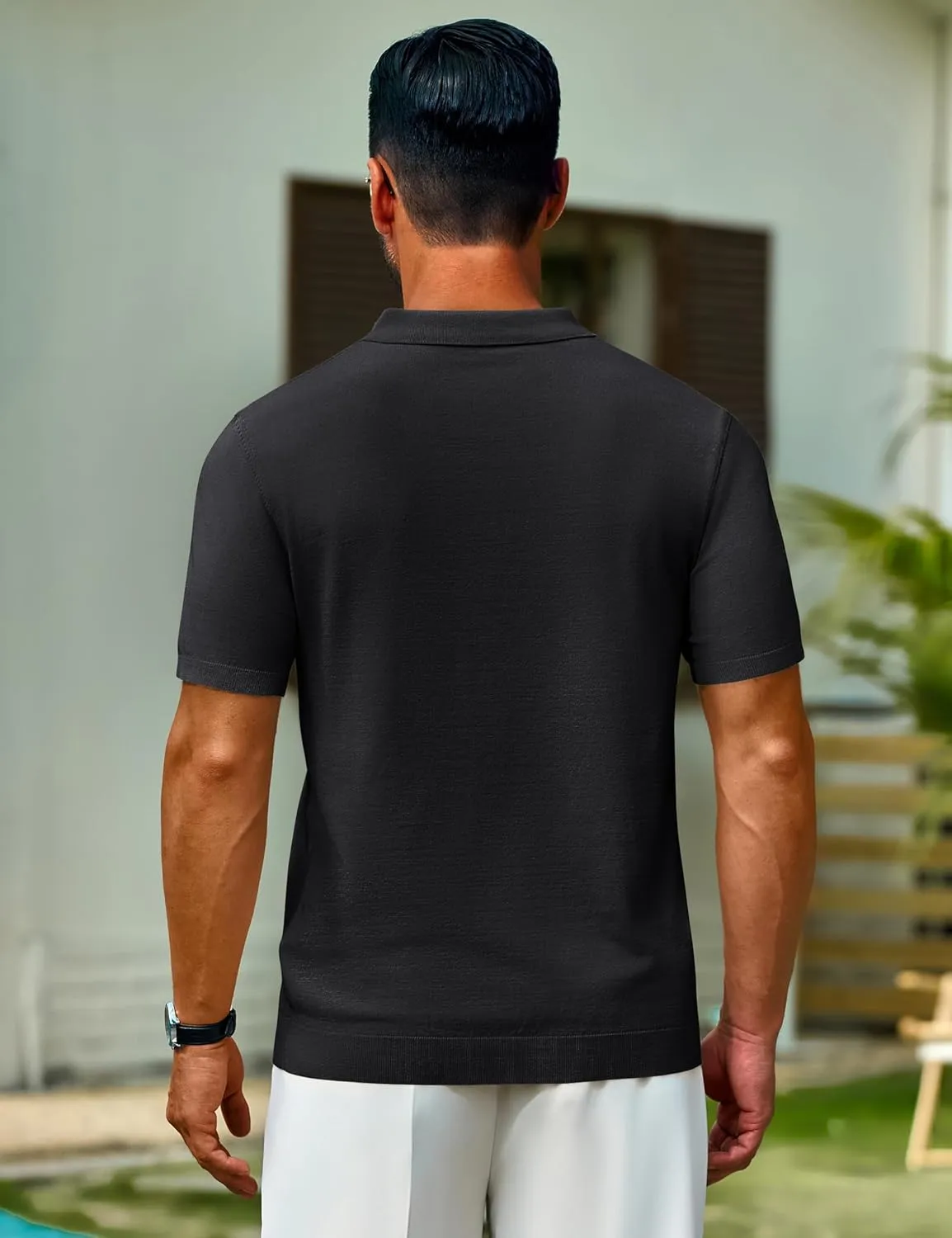 Cotrasen Mens Knit Polo Shirts V Neck Short Sleeve Stretch Collared Knitted Polo T Shirt Casual Summer