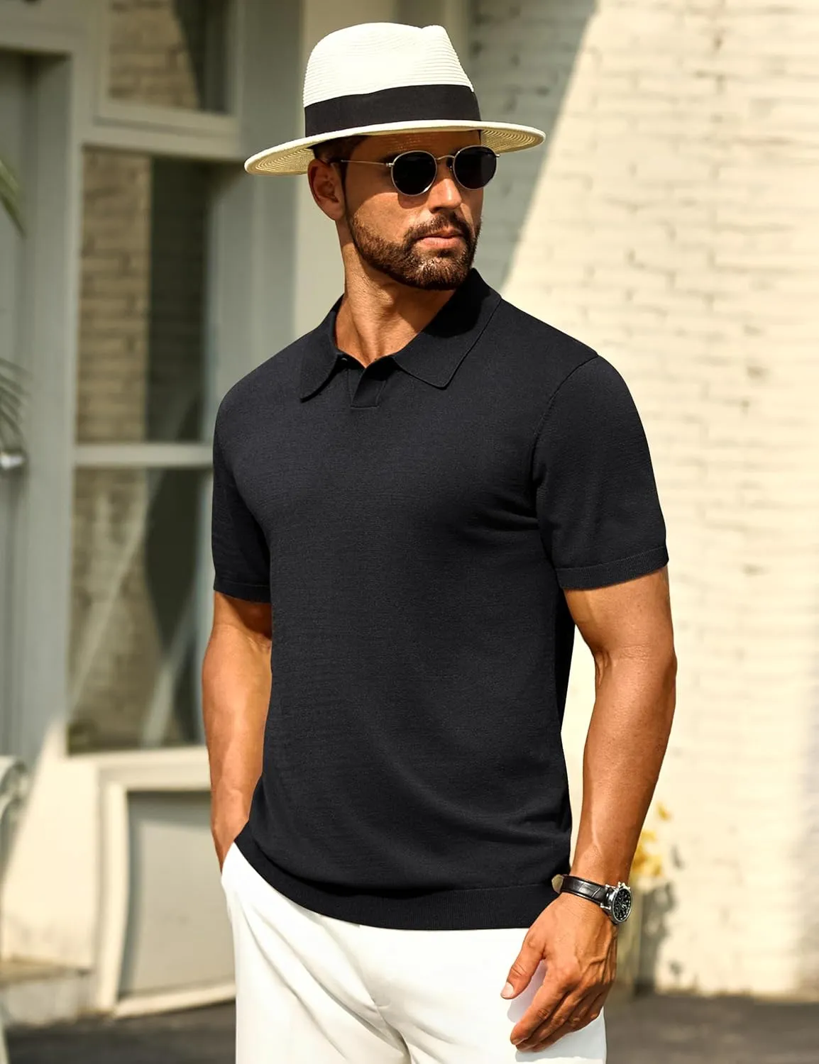 Cotrasen Mens Knit Polo Shirts V Neck Short Sleeve Stretch Collared Knitted Polo T Shirt Casual Summer