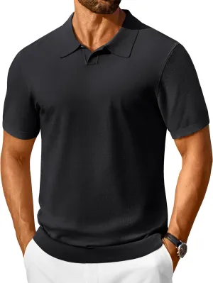 Cotrasen Mens Knit Polo Shirts V Neck Short Sleeve Stretch Collared Knitted Polo T Shirt Casual Summer
