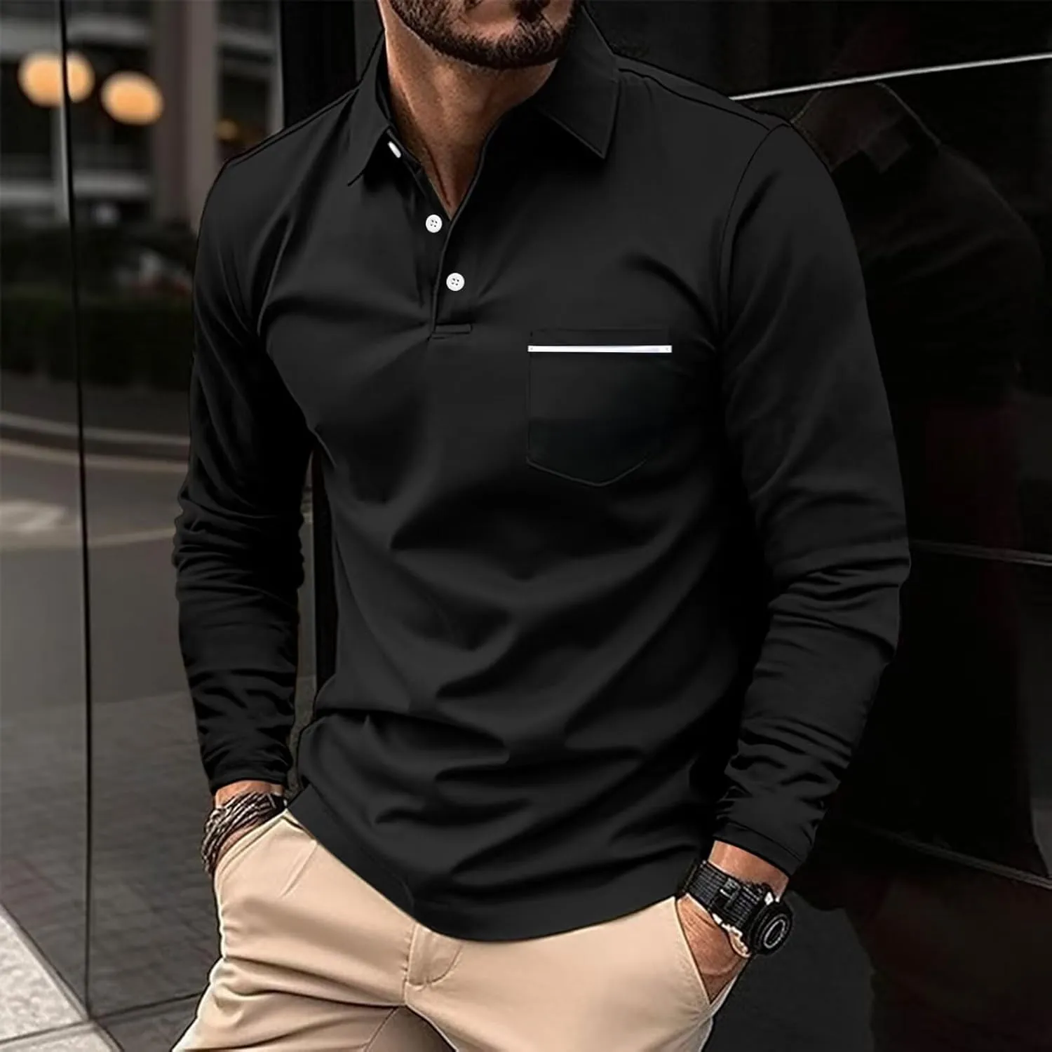 DEEX Men's Polo Shirts Long Sleeve Casual Fashion Polo Tee Shirts Color Block Slim Fit Golf Polo Shirt with Pocket