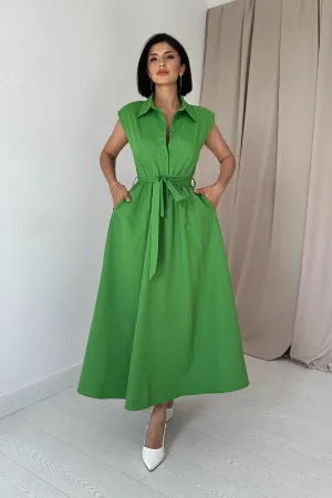 ELS Shirt Collar Elastic Waist Dress - Green - Pachuca