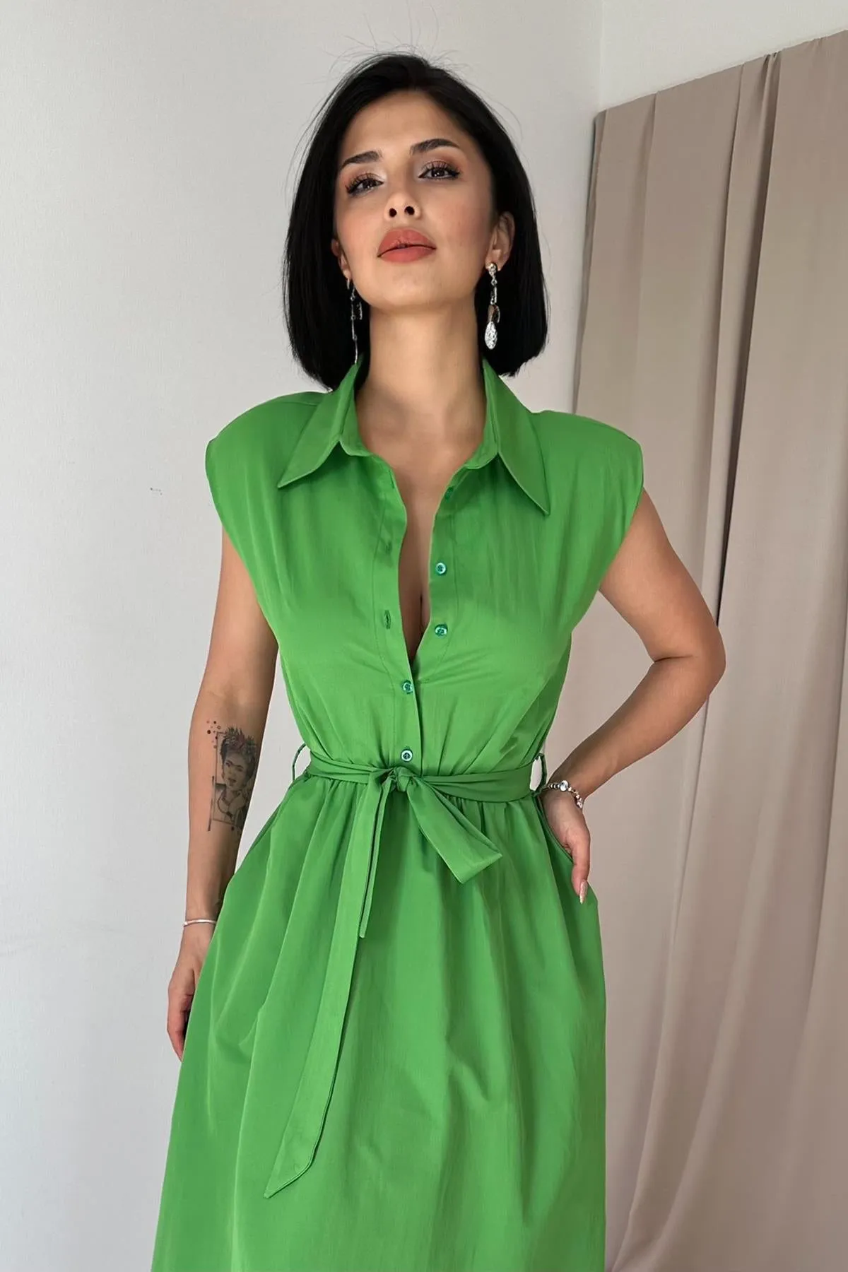 ELS Shirt Collar Elastic Waist Dress - Green - Pachuca