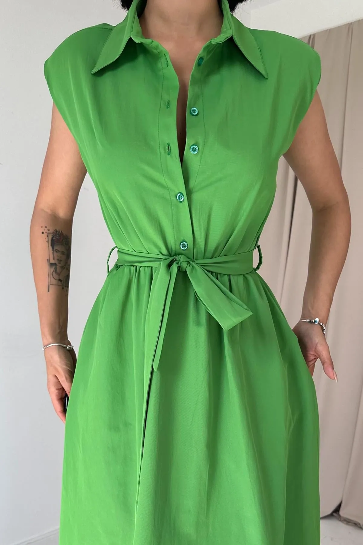 ELS Shirt Collar Elastic Waist Dress - Green - Pachuca