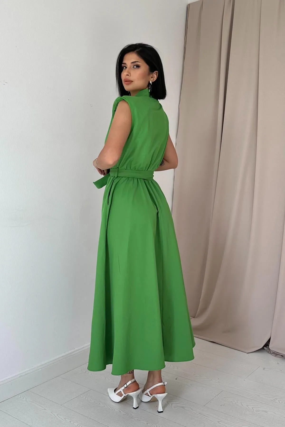 ELS Shirt Collar Elastic Waist Dress - Green - Pachuca