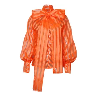 Fashion Striped Sheer Shirt For Women Bowknot Collar Long Sleeve Single Breasted Blouses Female Clothing