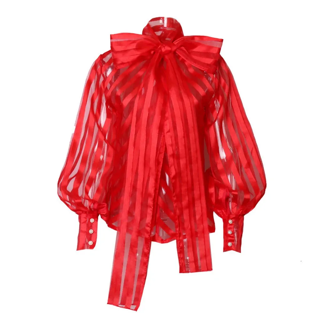 Fashion Striped Sheer Shirt For Women Bowknot Collar Long Sleeve Single Breasted Blouses Female Clothing