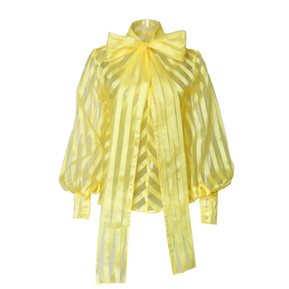 Fashion Striped Sheer Shirt For Women Bowknot Collar Long Sleeve Single Breasted Blouses Female Clothing