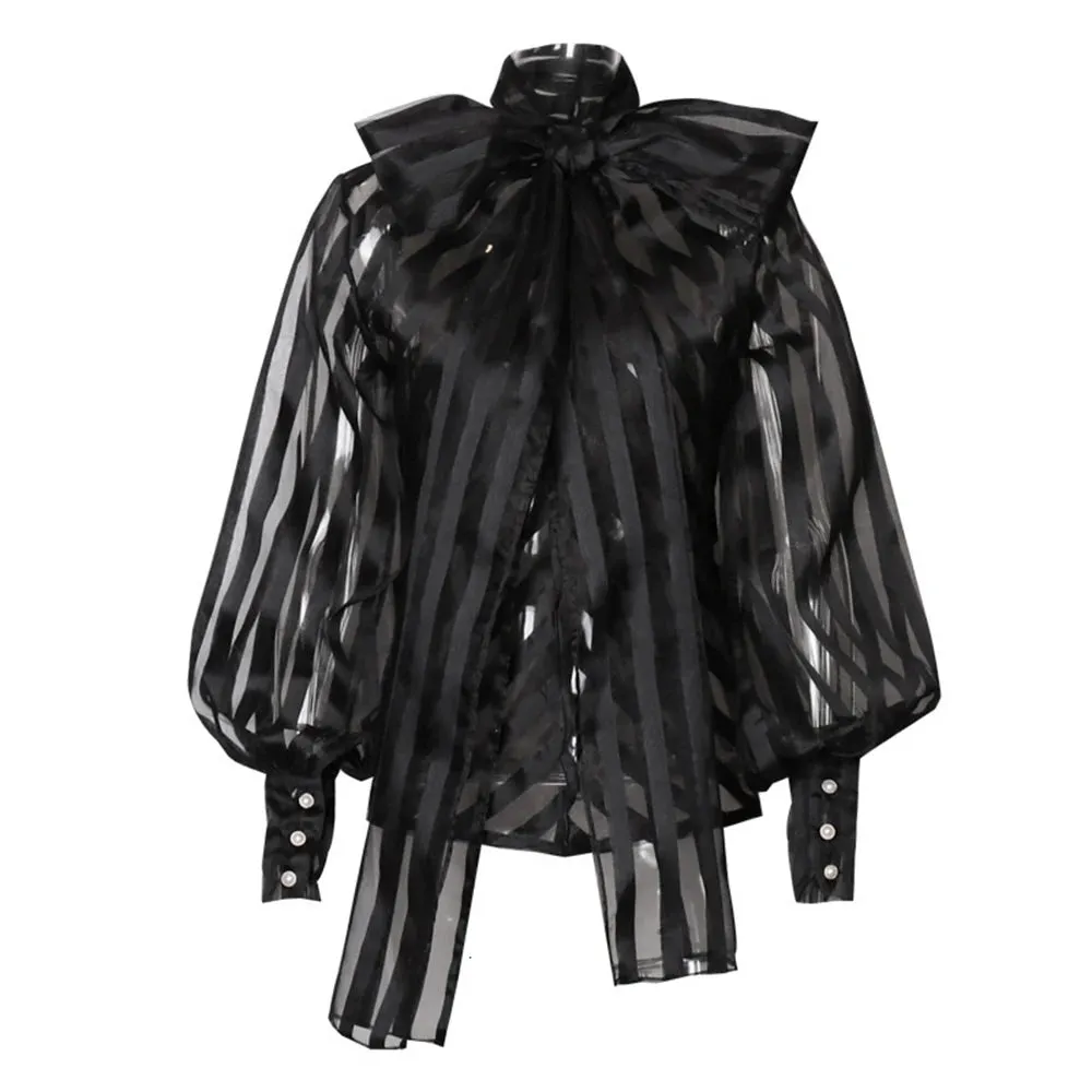 Fashion Striped Sheer Shirt For Women Bowknot Collar Long Sleeve Single Breasted Blouses Female Clothing
