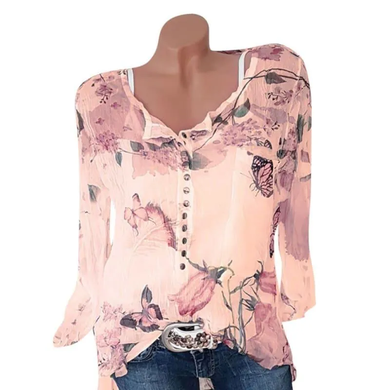 Floral Button Up Chiffon Long Sleeve Irregular Blouse