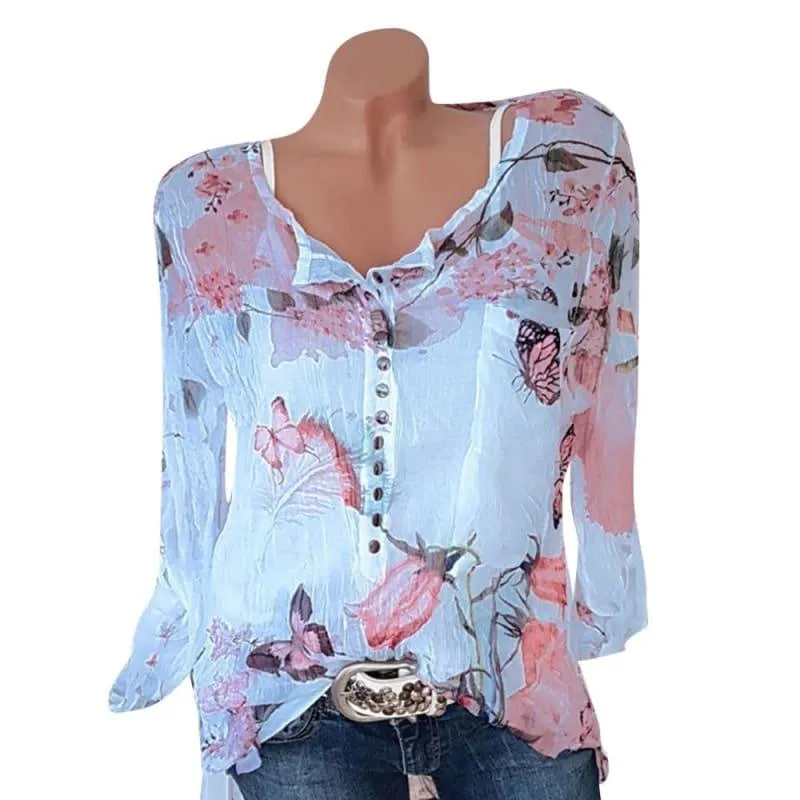 Floral Button Up Chiffon Long Sleeve Irregular Blouse