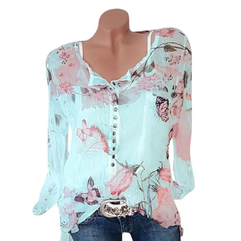 Floral Button Up Chiffon Long Sleeve Irregular Blouse