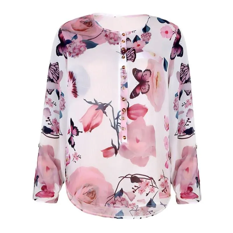 Floral Button Up Chiffon Long Sleeve Irregular Blouse