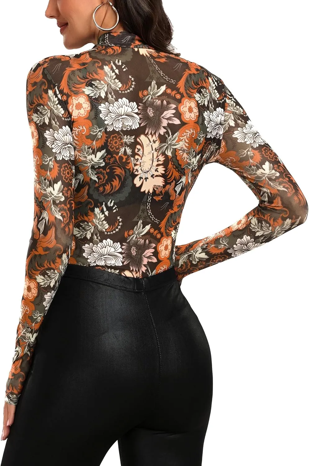 Floral Mesh Long Sleeve Tops for Women Mock Neck See Through Fitted Sexy Going Out Top
